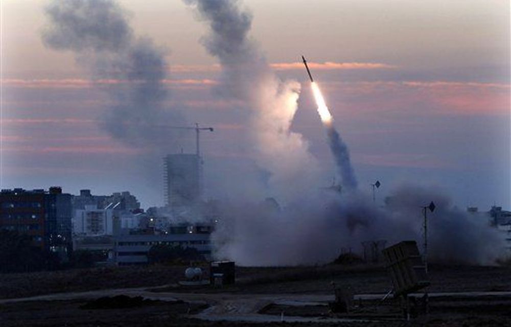 The Iron Dome defence system fires to intercept an incoming missile.