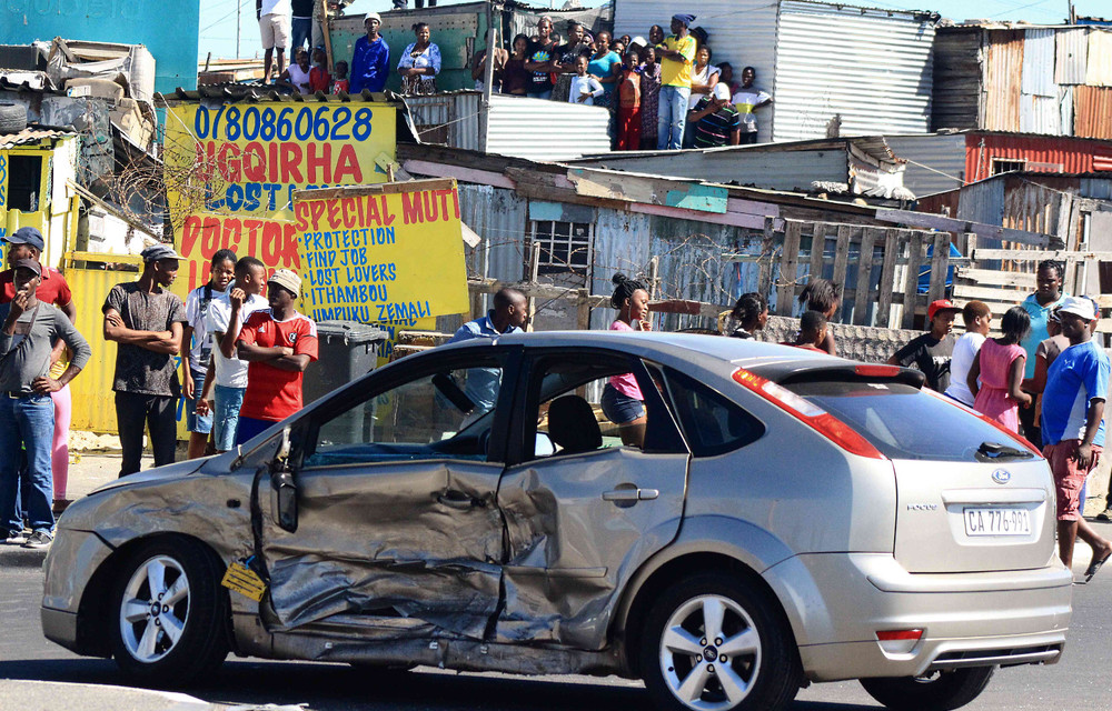 A car smashed into by a security vehicle during protests in Khayelitsha.