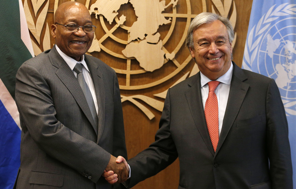 President Jacob Zuma shakes hands with United Nations Secretary General Antonio Guterres prior to their meeting at U.N. headquarters in New York.