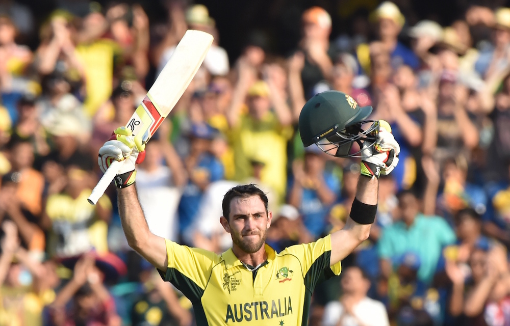 Glenn Maxwell celebrates his century during the 2015 Cricket World Cup