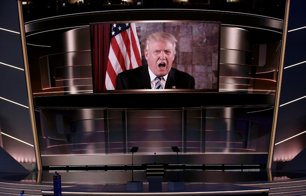 Republican US presidential nominee Donald Trump speaks live via satellite from Trump Tower in New York City during the second session at the Republican National Convention in Cleveland