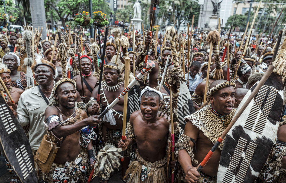 Amabutho protest outside the Durban City Hall earlier this year. The recommendations that the Ingonyama Trust should be dissolved has upset traditional leaders.