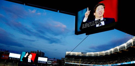 Evangelist Joel Osteen preached at Yankee Stadium in New York that 'God wants you to buy a house'.