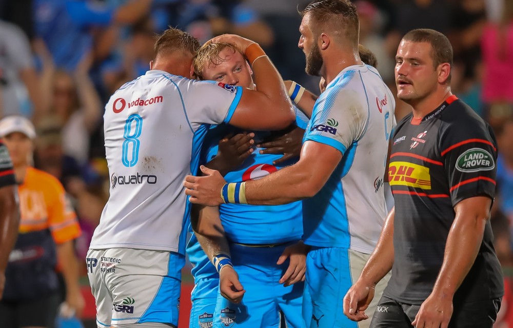 Bulls players congratulate Adriaan Strauss after his third try during the Super Rugby match between the Bulls and the Stormers at Loftus Versfeld