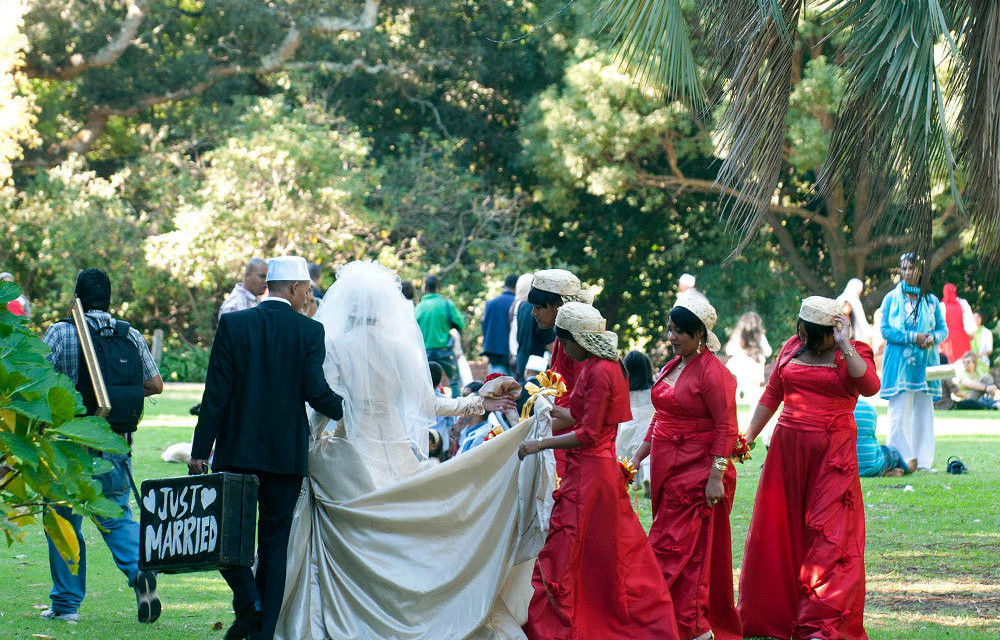 A Muslim wedding party visits Claremont Gardens in Cape Town for a photo shoot.