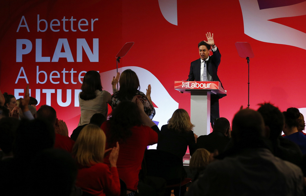 Britain's Labour Party's leader Ed Miliband's speaks at his final campaign event in Leeds