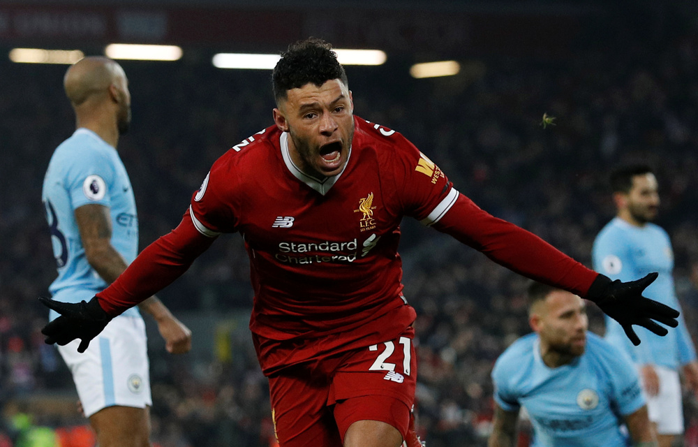 Liverpool's Alex Oxlade-Chamberlain celebrates scoring their first goal.