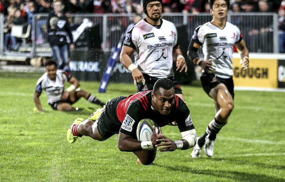 Captain’s crusade: Manasa Mataele of the Crusaders dives to score a try in the Super Rugby match against the Sunwolves.