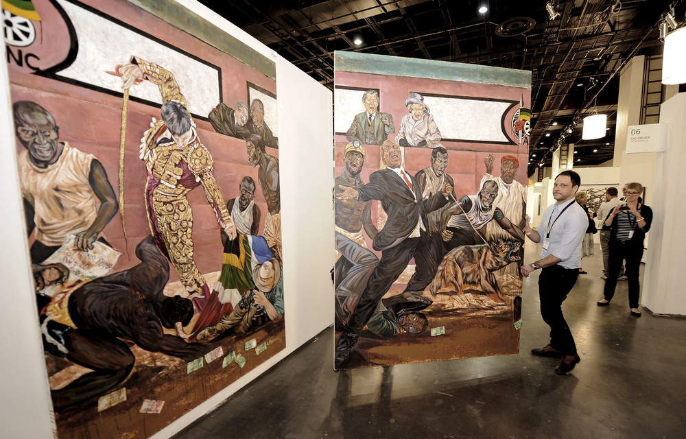 The collision of commercial interests of art fairs and the activism of artists dealing with contemporary issues was illustrated when Ayanda Mabulu's painting was briefly removed at the 2013 Joburg Art Fair