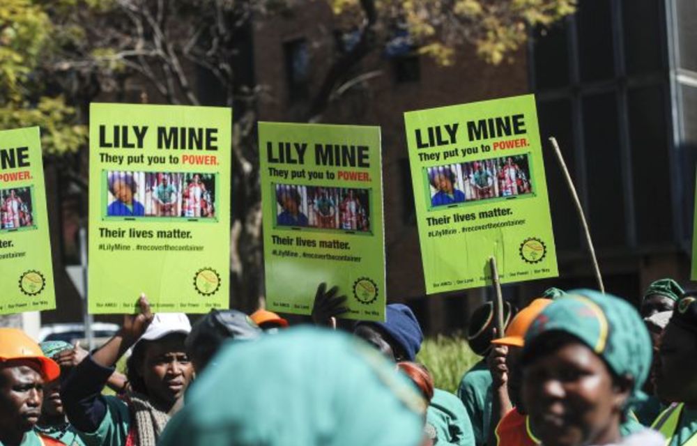 Miners protest outside the mineral resources department’s offices in Pretoria in 2016.