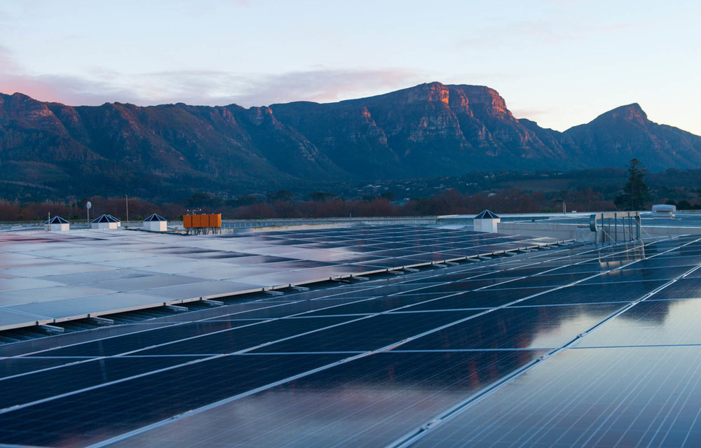 Solar panels on the roof of Constantia Village in Cape Town.