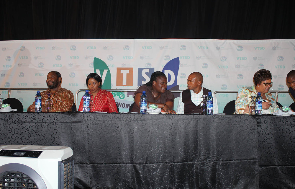 Communications Minister Faith Muthambi speaks to Premier Supra Mahumapelo at the Lekgotla