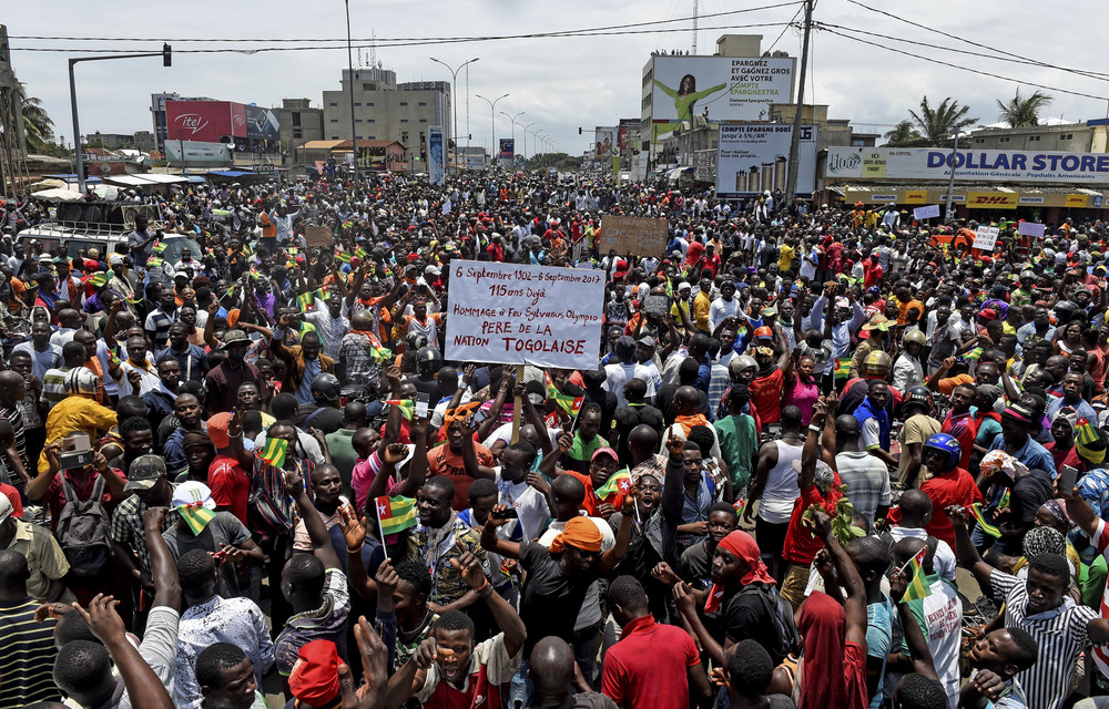 Togolese call for constitutional reforms during an anti-government rally in the capital Lomé on September 6