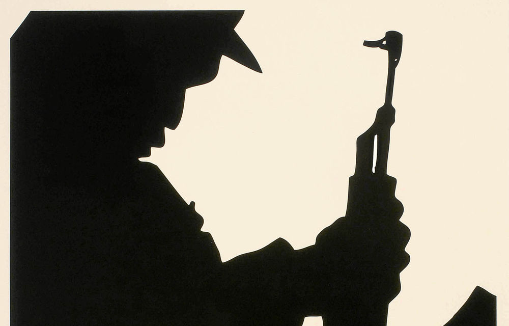 A silkscreen graphic of a silhouetted figure with AK-47 that forms the backdrop to a refashioned quote by executed Umkhonto weSizwe cadre Solomon Mahlangu.