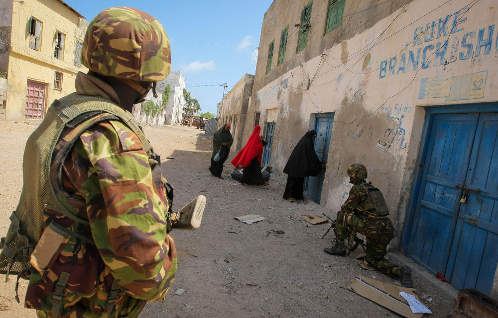 Kenyan soldiers patrol Kismayo in Somalia in a file photograph from October 5 2012.