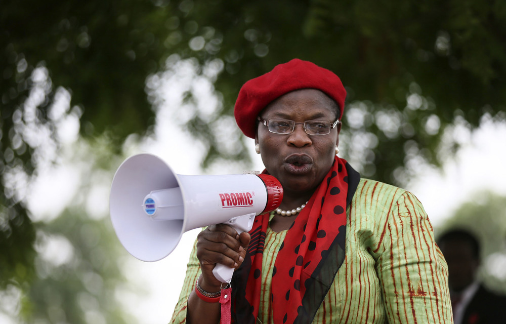 Loud and clear: Obiageli Ezekwesili addresses a protest calling for the release of the abducted Chibok girls in 2014.