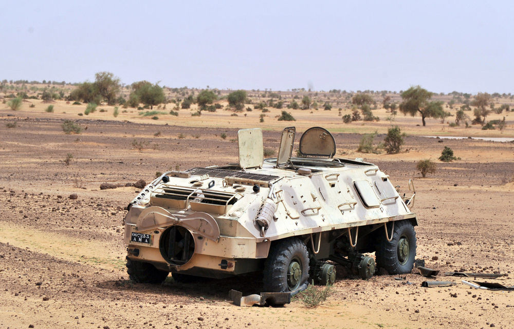 A damaged armoured vehicle abandoned by the Malian army near Ansongo