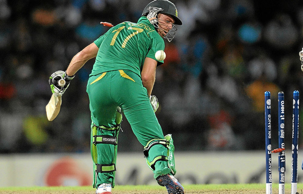 SA captain AB de Villiers is bowled by India's Yuvraj Singh during this week's ICC Twenty20 Cricket World Cup’s super eight match in Colombo.