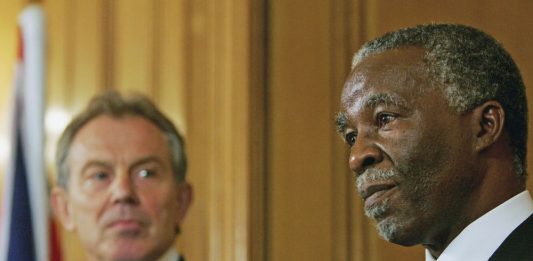 Britain's former prime Minister Tony Blair and former president Thabo Mbeki during a press conference inside Downing Street in 2006.