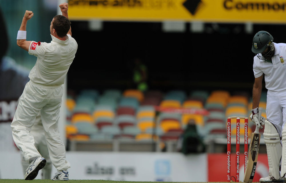 Australia's Peter Siddle celebrates after taking the wicket of Hashim Amla on day three of the first cricket Test in Brisbane.