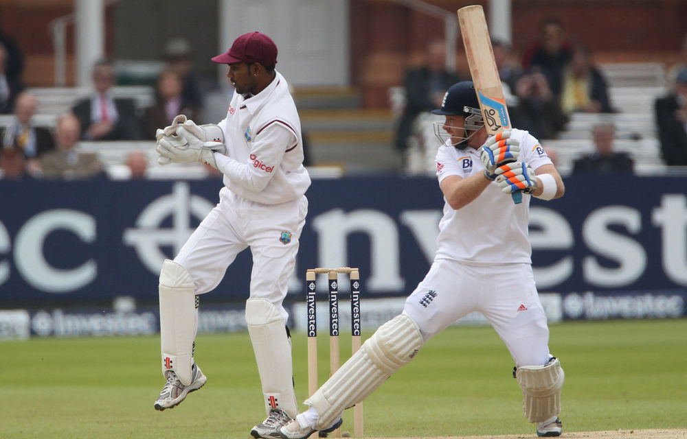 Ian Bell of England hits out during day five of the first Investec Test match between England and West Indies.