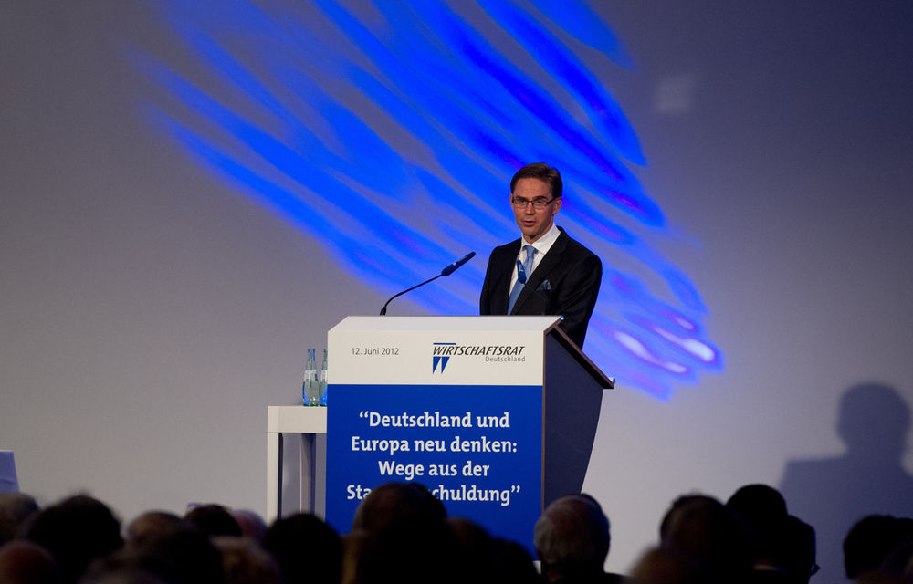 Finland's Prime Minister Jyrki Katainen gives a speech during an economy day of Germany's conservative Christian Democratic Union.