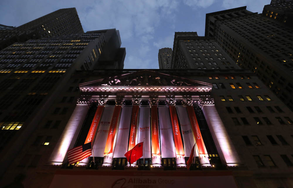 Standard procedure: China's flag flies in front of the New York Stock Exchange before Alibaba's initial public offering.