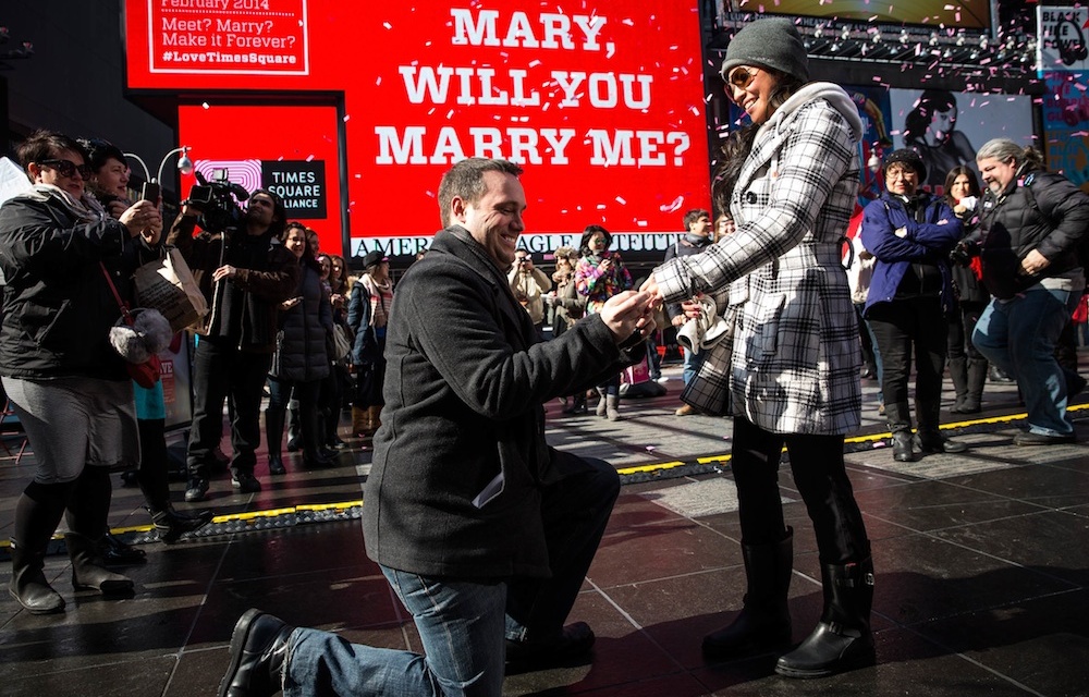 Public proposals - like this one on Times Square in New York on Valentine's day - are about attention-seeking