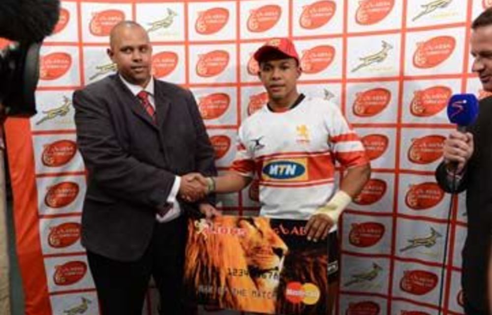 Elton Jantjies of the Lions accepting his man of the match prize during the Absa Currie Cup match between the Cheetahs and Golden Lions.