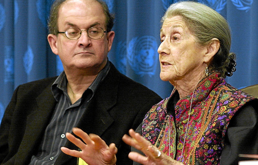 Booker winners: Salman Rushdie and Nadine Gordimer at the United Nations in 2004 for the launch of 'Telling Tales'