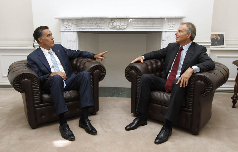 US Republican Presidential candidate Mitt Romney meets with former British Prime Minister Tony Blair in London.