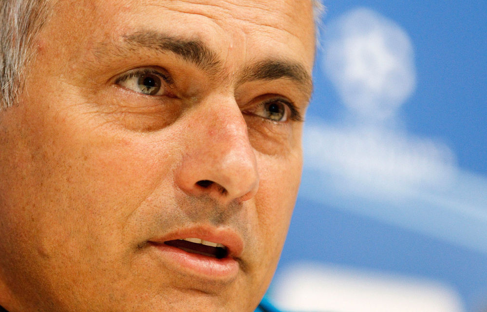 Jose Mourinho of Real Madrid talks to the media during a press conference.