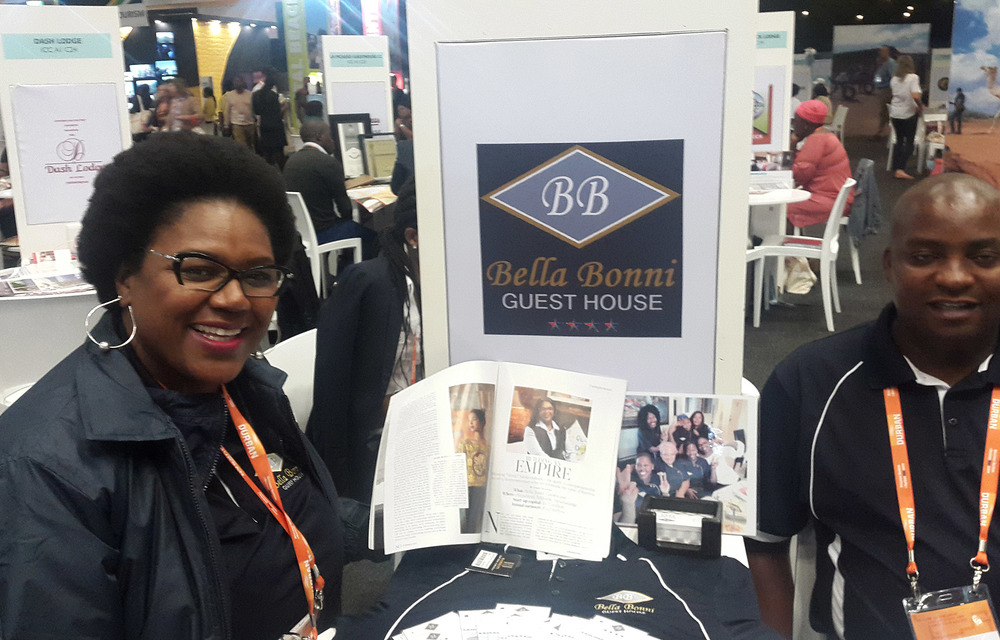 Founder of Bella Bonnie Guesthouse Bonni Nkosi with her employee Henry Mthombothi at Africa's Travel Indaba at the Durban ICC.