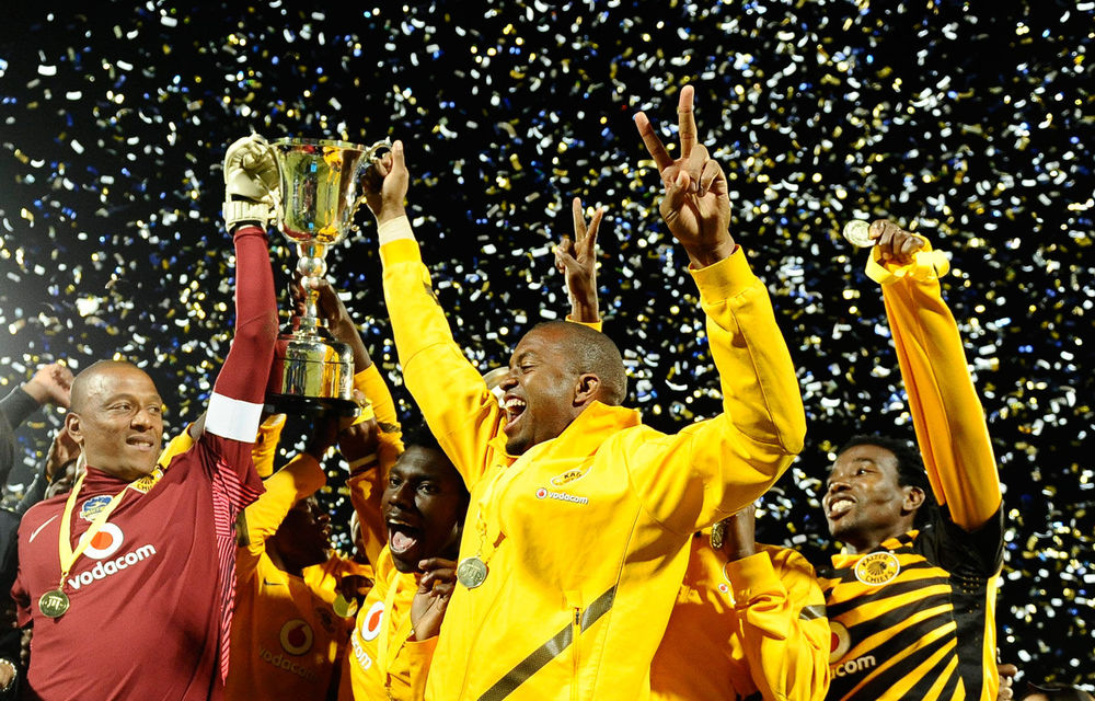 Kaizer Chiefs players Itumeleng Khune and Arthur Bartman celebrates winning the Gauteng Cup during the Gauteng Sport Challenge final match.