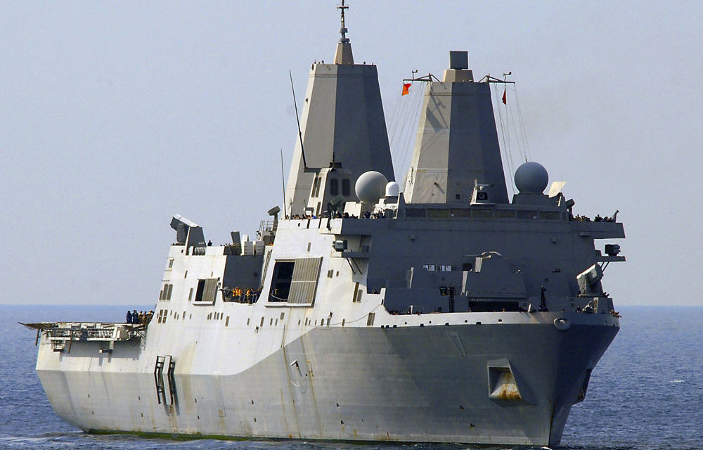 The amphibious transport dock ship USS San Antonio transits through the Gulf of Oman.