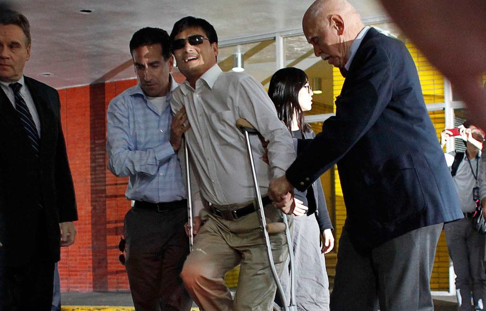 Blind Chinese dissident Chen Guangcheng after a press conference in New York on May 19. Chen arrived in the US on Saturday after China allowed him to leave a hospital in Beijing in a move that could signal the end of a diplomatic rift between the two countries.