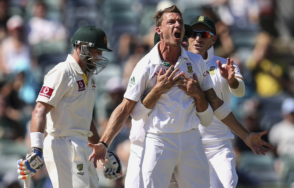 Influencer: Dale Steyn celebrates dismissing Michael Hussey of Australia in 2012 in Perth. The irrepressible wicket-taker’s momentos make their way to the streets and fields of his home town