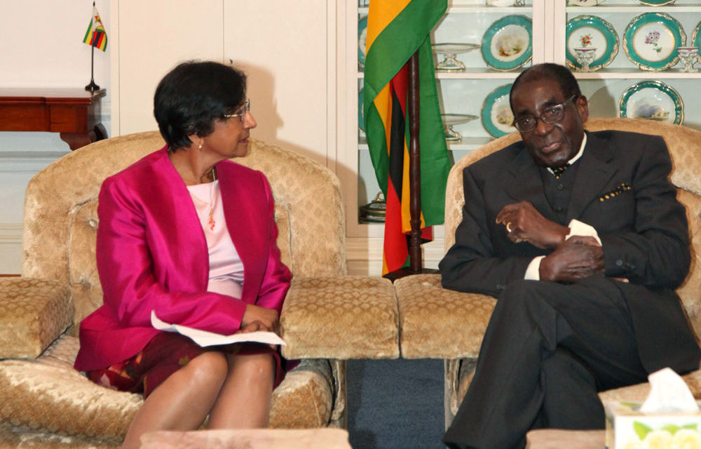 UN high commissioner for human rights Navi Pillay meets Zimbabwe's President Robert Mugabe at State House in Harare on Wednesday