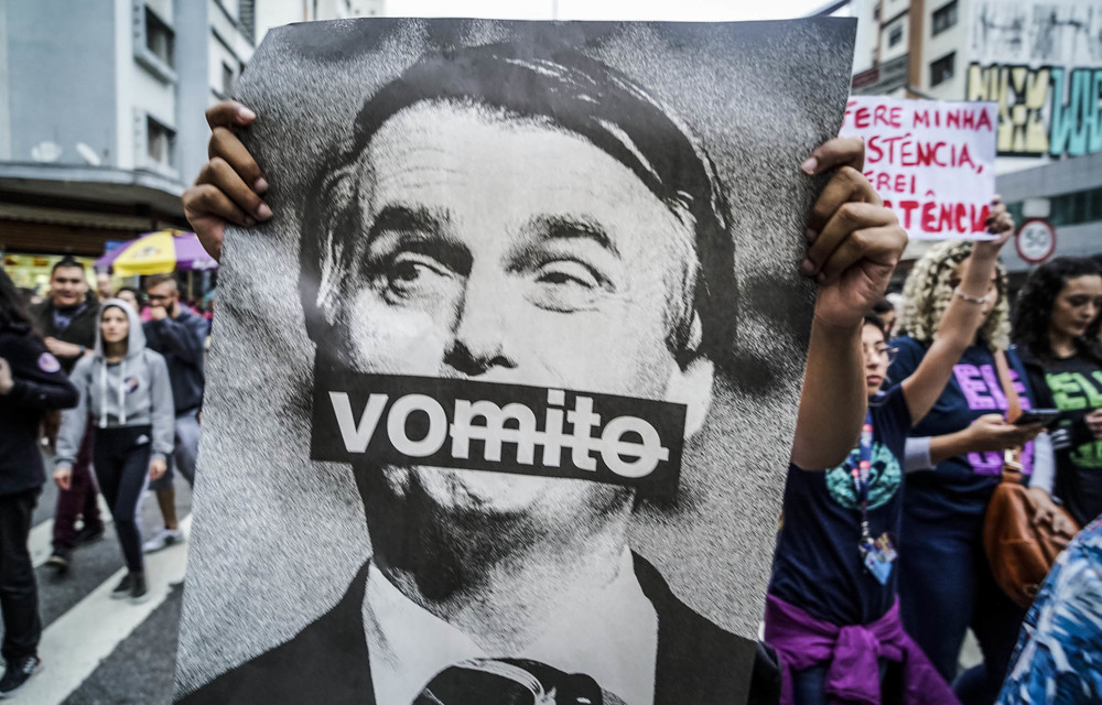 Not him: Brazilians demonstrate against right-wing President Jair Bolsonaro. Photo: Pablo Albarenga/ Getty Images