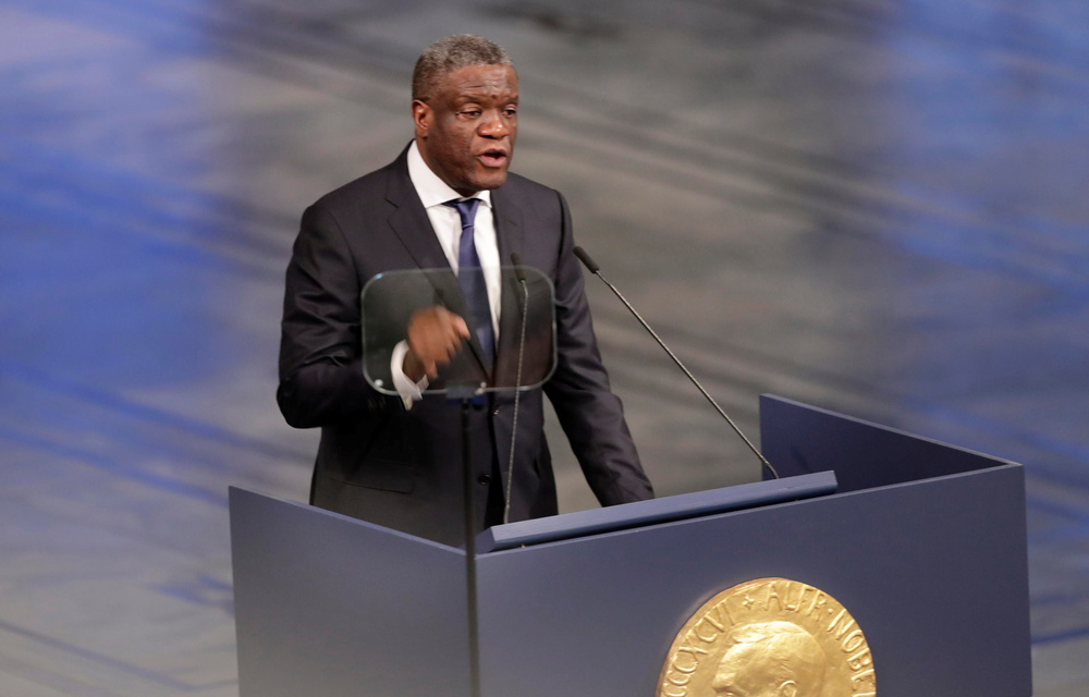 Mukwege delivers his speech during the Nobel Peace Prize Ceremony in Oslo Town Hall