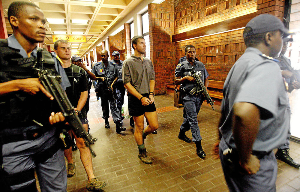 Boeremag members Rudi Gouws and Herman van Rooyen after they were recaptured in 2007 following their escape from prison nine months earlier.