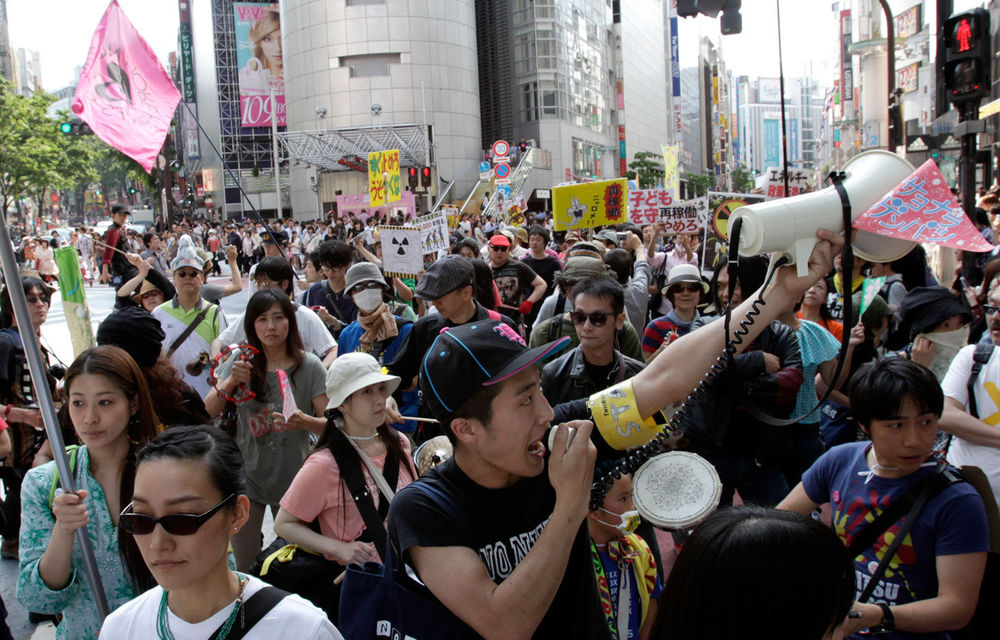 A protester shouts slogans during an anti nuclear rally in downtown Tokyo.