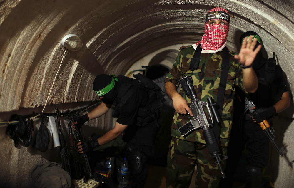 Palestinian fighters from Hamas armed wing Ezzedine al-Qassam Brigades in an underground tunnel in Gaza.