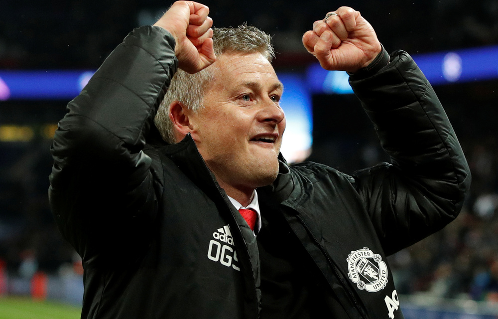 Manchester United interim manager Ole Gunnar Solskjaer celebrates after the match.