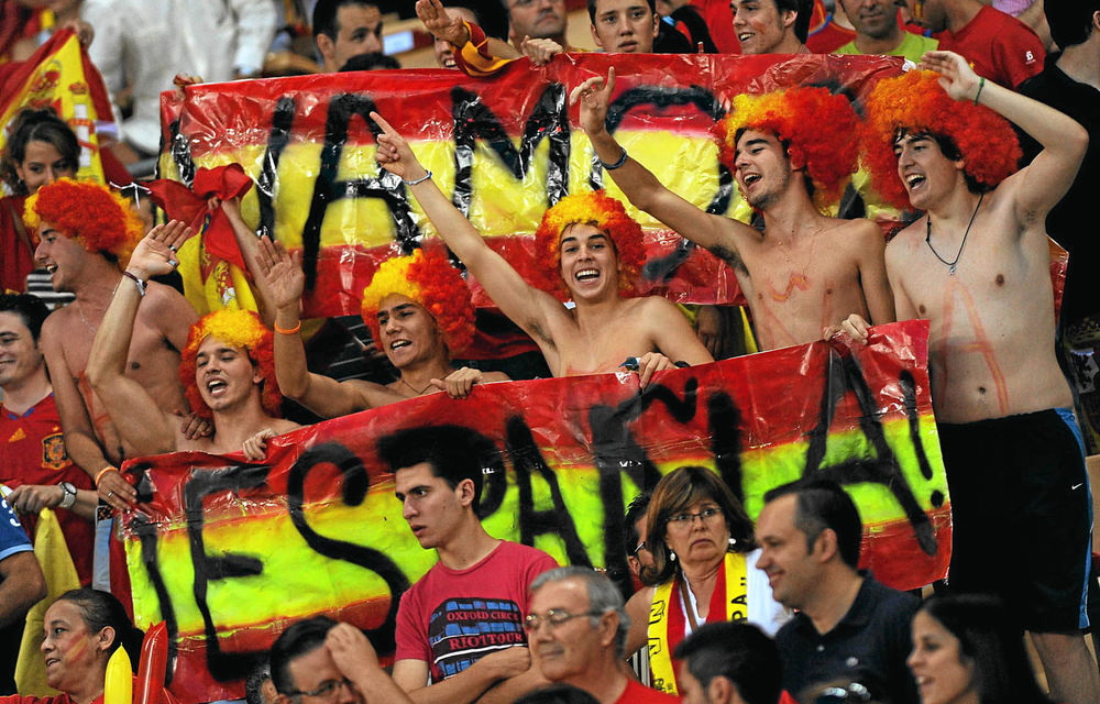 Crowd control: Spanish fans are ready to celebrate another tournament victory.