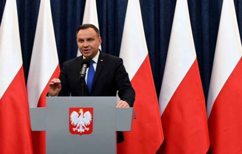 Poland’s President Andrzej Duda speaks at a press conference in Warsaw to announce that he will sign into law a controversial Holocaust bill which has sparked tensions with Israel