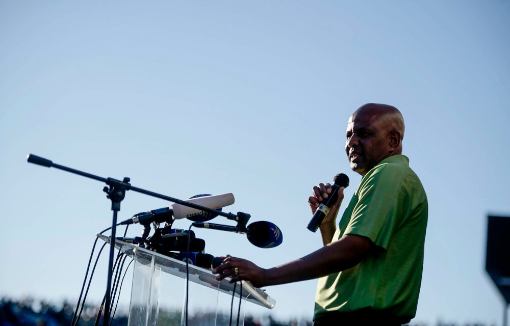 Amcu president Joseph Mathunjwa at the Royal Bafokeng stadium in Rustenburg.