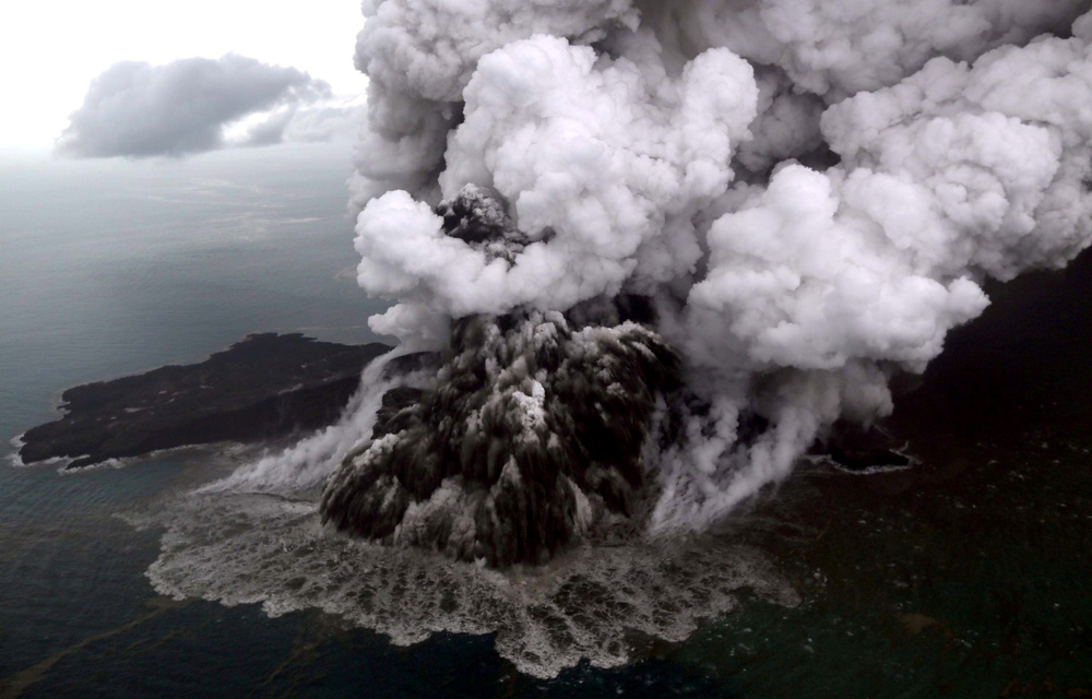 An aerial view of Anak Krakatau volcano during an eruption at Sunda strait in South Lampung.