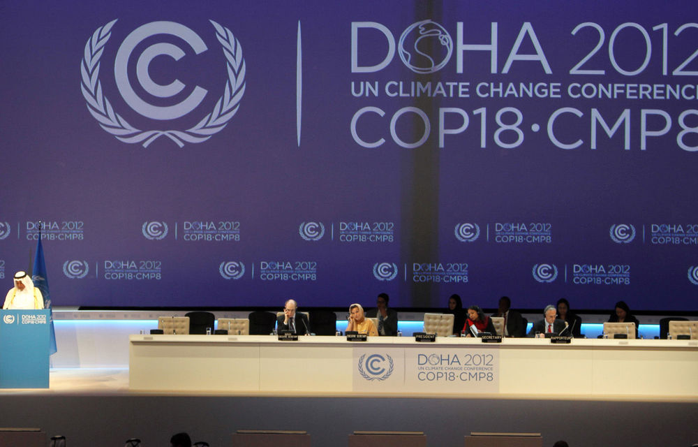 COP18 president Abdullah bin Hamad Al-Attiyah delivers a speech during the opening ceremony of the 18th United Nations Convention on Climate Change.