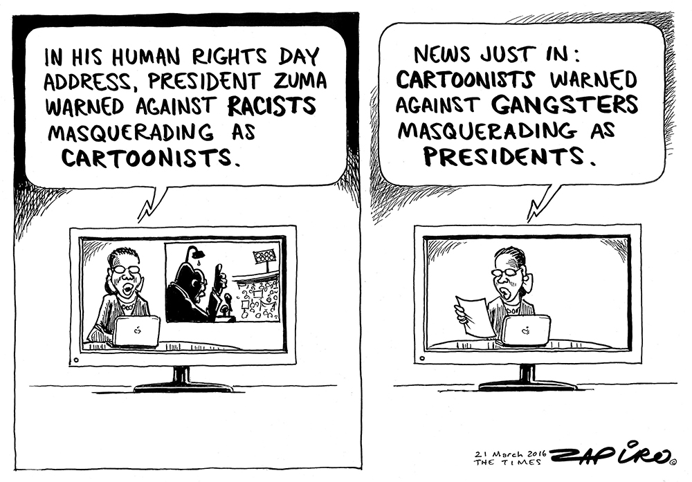 Zapiro: On Human Rights Day, Zuma warns against racists as cartoonists